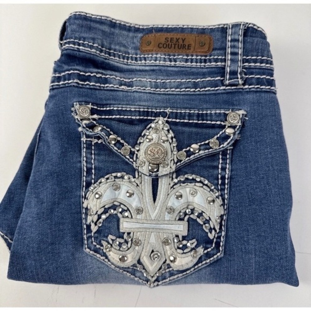 Sexy Couture Capri Jeans Women 15 Blue Fleur De Lis Rhinestone Embellished Denim